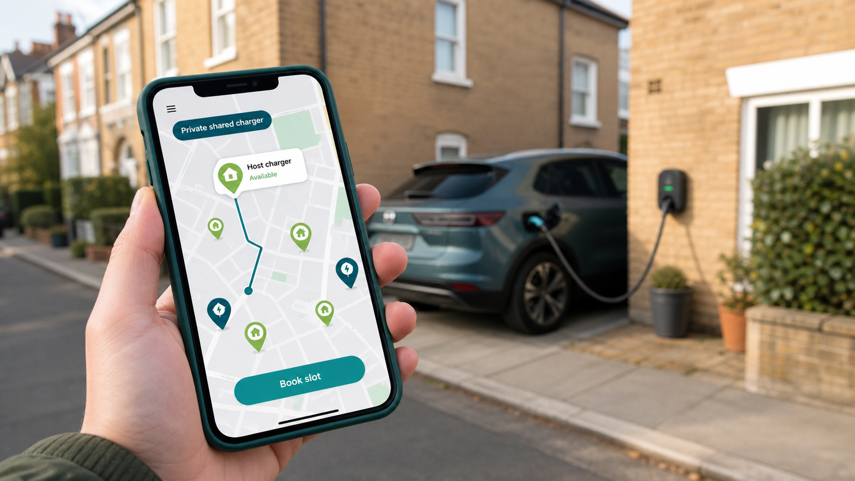 Illustration of a mobile map interface for shared EV charger locations.